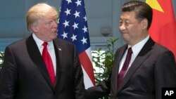 Presiden Amerika Donald Trump dan Presiden China Xi Jinping dalam pertemuan di Hamburg, Jerman di sela KTT G20, 2 Agustsu 2017. 