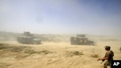 Pasukan keamanan Irak bergerak maju dalam pertempuran melawan pasukan ISIS di Fallujah, Irak (15/6).