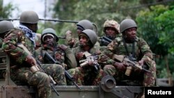 Wanajeshi wa Kenya KDF katika mojawapo ya oparesheni ya kupambana na tukio la kigaidi jijini Nairobi Sept. 22, 2013.
