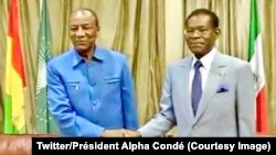 Le président guinéen Alpha Condé et le président équato-guinéen Teodoro Obiang Nguema, 27 janvier 2018. 