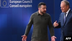 უკრაინის და პოლონეთის ლიდერები: ვოლოდიმირ ზელენსკი და დონალდ ტუსკი ევროკავშირში გამართულ შეხვედრაზე. ბრიუსელი, ბელგია. 27 ივნისი, 2024 წ.