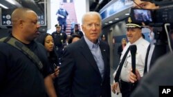 Former Vice President and Democratic presidential candidate Joe Biden arrives at the Wilmington train station Thursday April 25, 2019 in Wilmington, Delaware. Biden announced his candidacy for president via video on Thursday morning. (AP Photo/Matt Slocum