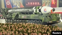 FILE - A missile is displayed during a military parade to mark the 75th founding anniversary of North Korea's army, at Kim Il Sung Square in Pyongyang, North Korea Feb. 8, 2023, in this photo released by North Korea's Korean Central News Agency (KCNA).