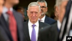 FILE - U.S. Secretary for Defense Jim Mattis arrives for a meeting of NATO defense ministers at alliance headquarters in Brussels, June 29, 2017.