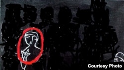 Nancy Rourke created a black-and-white drawing depicting social distancing with her standing and saying "I love you" to another person in sign language. (Courtesy photo)