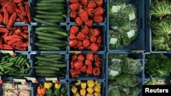 Vegetables are seen in a shop specializing in organic food and natural products in Halle, Belgium May 12, 2020. (REUTERS/Yves Herman)