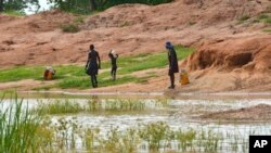 FILE - Children in the town of Terekeka, South Sudan, draw water, Oct. 4, 2017, from a stagnant pond that was once infected with Guinea worm when the town was endemic. 