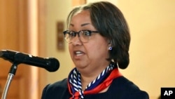 FILE - U.S. District Judge Julie Robinson delivers a speech in Topeka, Kan., May 17, 2018. Robinson on Jan. 18, 2023, sentenced former University of Kansas professor Feng "Franklin" Tao to time served for making a false statement related to research he was doing in China.