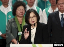 FILE - Taiwan's main opposition Democratic Progressive Party (DPP) Chairperson Tsai Ing-wen gives a speech at a party congress in Taoyuan, northern Taiwan, Sept. 19, 2015.