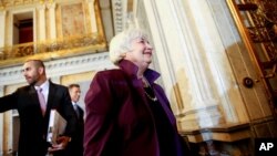 Federal Reserve Chair Janet Yellen departs a Financial Stability Oversight Council meeting at the Treasury Department in Washington, May 19, 2015.