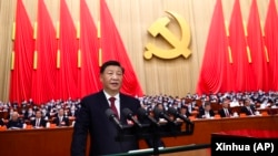 中共领导人习近平在北京人大会堂召开的中共二十大开幕式上讲话。（2022年10月16日）