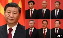 (COMBO) This combination of photos created on October 23, 2022 shows China's President Xi Jinping (L) and other new members of the Communist Party of China's Politburo Standing Committee (top 2nd L to R) Wang Huning, Cai Qi, Zhao Leji, (bottom 2nd L to R) Li Xi, Li Qiang and Ding Xuexiang, as they meet the media in the Great Hall of the People in Beijing on October 23, 2022.