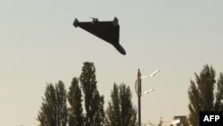 A drone approaches for an attack in Kyiv on Oct. 17, 2022.
