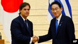 기시다 후미오 일본 총리와 루이스 라카예포우 우루과이 대통령이 28일 도쿄에서 회담했다.