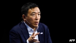 Andrew Yang, former Democratic presidential candidate and founder of the Forward Party, speaks during the Milken Institute Global Conference on Oct. 20, 2021, in Beverly Hills, Calif.