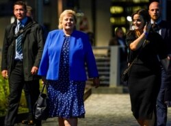 Norway's Prime Minister Erna Solberg walks to her party's election vigil after local elections, in Oslo, Norway, Sept. 9, 2019.