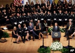 President Barack Obama speaks during a memorial service at the Morton H. Meyerson Symphony Center, July 12, 2016, in Dallas, for five police officers were killed and several injured during a shooting in downtown Dallas.