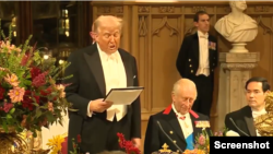 دونالد ترامپ، رئیس جمهوری آمریکا در حال سخنرانی در ضیافت شام پادشاه چارلز سوم