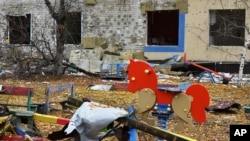 A destroyed school yard is seen after Russian shelling, in Pokrovsk, Donetsk region, Ukraine, Nov. 4, 2022. 