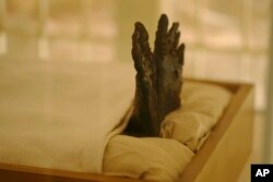 Mumi Tutankhamun terlihat di makamnya di Lembah Para Raja di Luxor, Mesir, Jumat, 4 November 2022. Mesir merayakan peringatan 100 tahun penemuan makam Tutankhamun pada 4 November 1922.(AP/Amr Nabil)