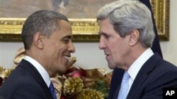 President Barack Obama (L) shakes hands with Sen. John Kerry as he announces his nomination of Kerry as the next secretary of state, in the Roosevelt Room of the White House in Washington, December 21, 2012.