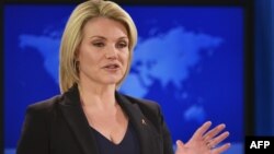 Juru bicara Departemen Luar Negeri Amerika, Heather Nauert berbicara kepada media di Washington DC (foto: dok). 