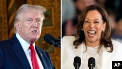 Republican presidential nominee former President Donald Trump speaks to reporters during a news conference, Aug. 8, 2024, in Palm Beach, Fla., left, and Democratic presidential nominee Vice President Kamala Harris speaks at a campaign rally, Aug. 7, 2024, in Romulus, Mich.