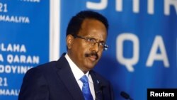 Somalia's President Mohamed Abdullahi Mohamed addresses delegates at the Somali election negotiation in Mogadishu, Somalia, May 27, 2021.