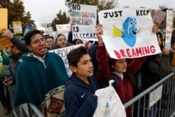 Supporters of DACA including David Castro, 14, center, and Anahi Andino, 17, right, both of Baltimore, rally outside the Supreme Court as oral arguments are heard in the case of President Trump's decision to end the Obama-era, DACA, Nov. 12, 2019.