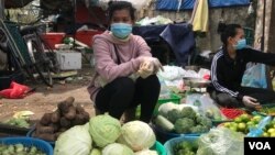 Sok Sreyrath sells produce at Phsar Doeurm Kor market during Cambodia's two-week lockdown, in Phnom Penh, Cambodia, April 15, 2021. (Thida Win/VOA Khmer) 