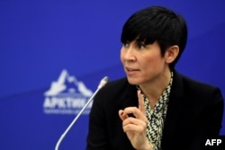 FILE - Norway's Foreign Minister Ine Marie Eriksen Soreide speaks at the International Arctic Forum in St. Petersburg, April 9, 2019.