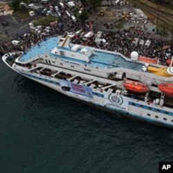 In this image taken from the Free Gaza Movement website on 28 May 2010, one of the Turkish ships taking part in the 'Freedom Flotilla' is seen docked prior to heading for the shores off the Gaza Strip in this recent but undated photo.