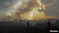 FILE - Firefighters try to extinguish a bush fire in Ogan Ilir regency, South Sumatra, Indonesia, Aug. 4, 2017, in this photo taken by Antara Foto. 