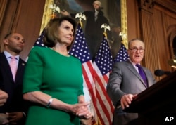 Senate Democratic Leader Chuck Schumer, right, with House Minority Leader Nancy Pelosi and Congressman Hakeem Jeffries, at the U.S. Capitol.