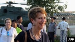 FILE - U.N. Special Envoy for Myanmar Christine Schraner Burgener arrives at Sittwe airport, in Rakhine State, Oct. 15, 2018.