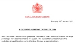 Pernyataan yang dirilis oleh Buckingham Palace mengenai pengembalian gelar kehormatan militer milik Pangeran Andrew. (Foto: Buckingham Palace via AP)