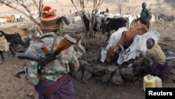 Turkana armed tribesmen stand around a borehole in order to protect their cattle from rival Pokot and Samburu tribesmen near Baragoy, Kenya, Feb. 14, 2017. 