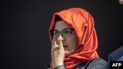 Hatice Cengiz, the fiancee of Jamal Khashoggi, attends an event marking the one-year anniversary of his killing, in Istanbul, Turkey, Oct. 2, 2019.