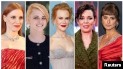 Para peraih nominasi Oscar untuk Aktris Terbaik 2022. Dari kiri: Jessica Chastain, Kristen Stewart, Nicole Kidman, Olivia Colman dan Penelope Cruz. (REUTERS/Yara Nardi/Mario Anzuoni/Henry Nicholls/Jeenah Moon/Files)