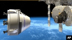 This artist illustration shows an artist concept of Boeing’s Crew Space Transportation (CST)-100 spacecraft approaching the International Space Station. (AP Photo/Boeing)