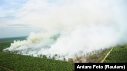 FILE - A wildfire is seen from a Ministry of Environment and Forestry helicopter over Kubu Raya, near Pontianak, West Kalimantan, Indonesia, Aug. 25, 2016.