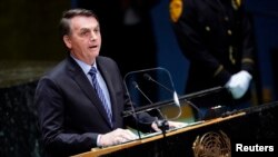 Brazil's President Jair Bolsonaro addresses the 74th session of the United Nations General Assembly at U.N. headquarters in New York City, New York, Sept. 24, 2019.