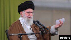 Iran's supreme leader, Ayatollah Ali Khamenei, speaks during a meeting with teachers in Tehran on May 1, 2024. Khamenei criticized some Arab countries' efforts to normalize relations with Israel. (Photo courtesy of the Office of the Iranian Supreme Leader via Reuters)