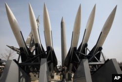 FILE - Models of a mock North Korea Scud-B missile, center, and other South Korean missiles are displayed at Korea War Memorial Museum in Seoul, South Korea.