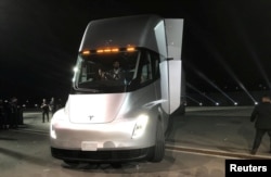 Tesla's new electric semitractor-trailer is unveiled during a presentation in Hawthorn, California, Nov. 16, 2017.