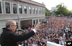 Turkey's President Recep Tayyip Erdogan addresses his supporters in Black Sea city of Trabzon, Turkey, Aug. 12, 2018.