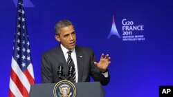 US President Barack Obama speaks during a media conference at a G20 summit in Cannes, France. Leaders from within troubled Europe and far beyond are working Friday on ways the International Monetary Fund could do more to calm Europe's debt crisis, Novembe