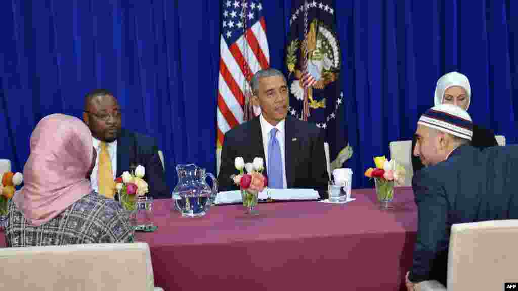 U.S. President Barack Obama participates in a roundtable discussion with members of the Muslim community while visiting the Islamic Society of Baltimore Feb. 3, 2016 in Windsor Mill, Maryland. 