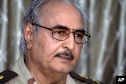 Libyan Gen. Khalifa Haftar addresses a press conference in Benghazi, Libya, May 17, 2014.