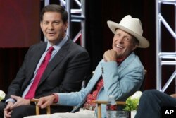 FILE - Mark Halperin and Mark McKinnon, executive producers and hosts of "The Circus," speak at the Showtime 2016 Summer TCA Press Tour at The Beverly Hilton Hotel in Los Angeles, Aug. 11, 2016.